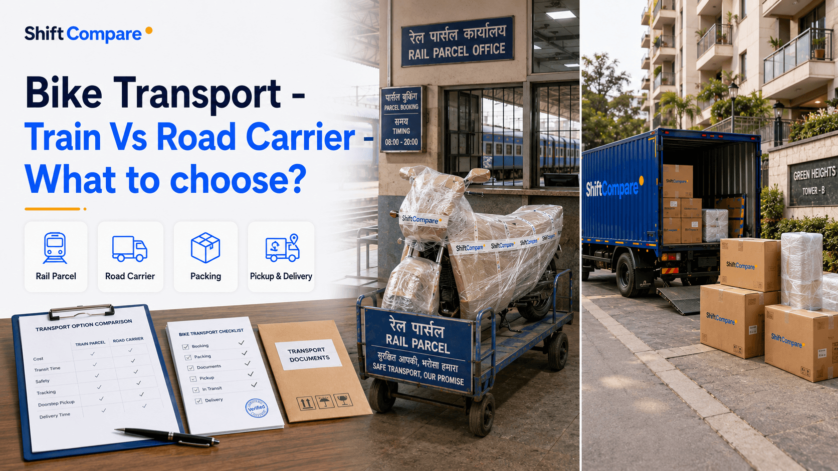 Bike transport by train parcel versus packers movers with cost, delivery and document checks