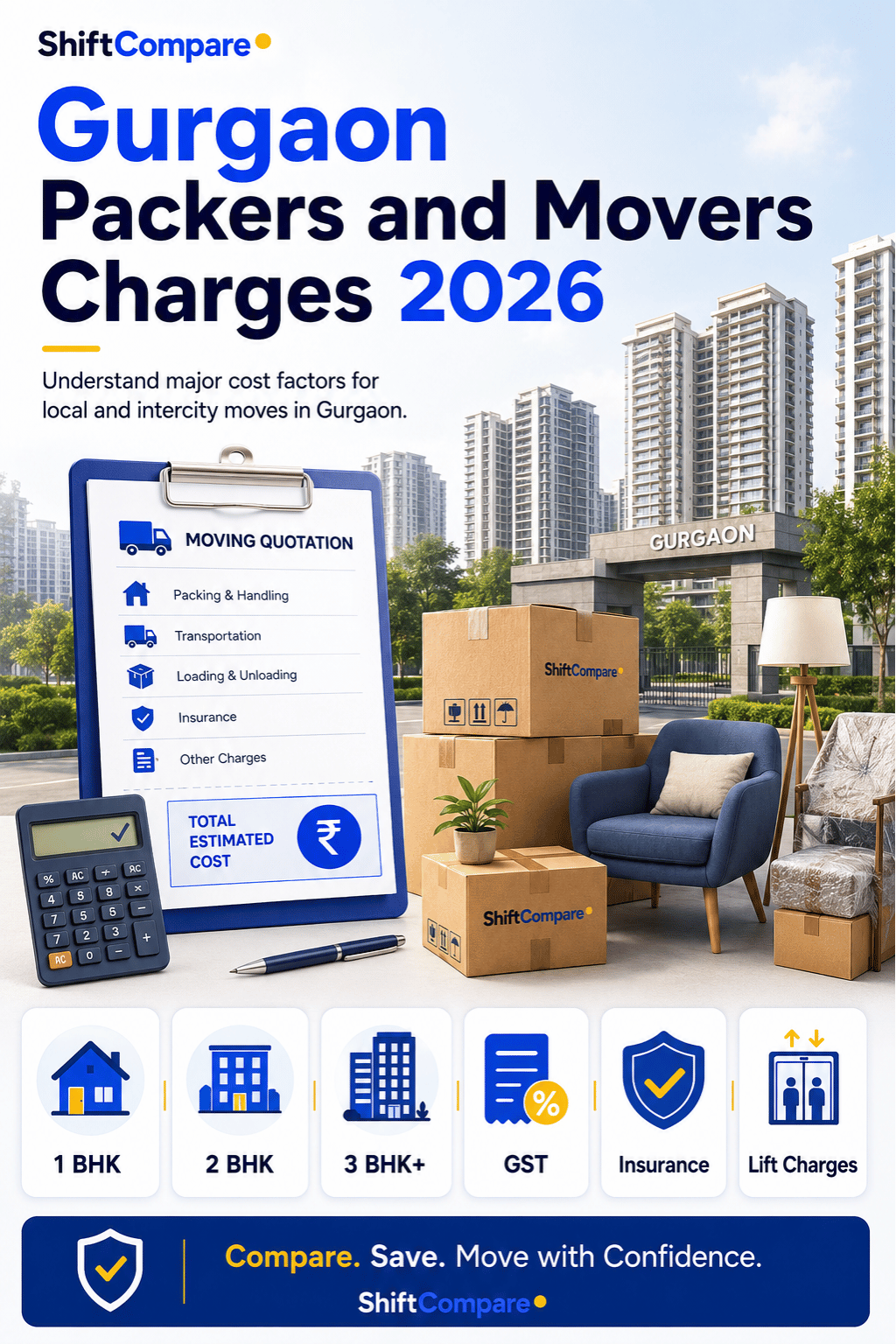 Gurgaon packers and movers charges summary with BHK, GST, insurance and hidden costs