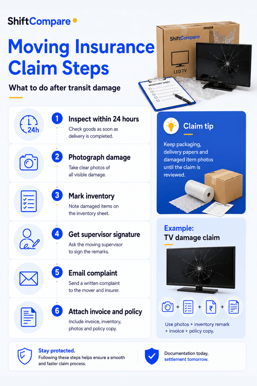Moving insurance claim steps after damage during packers and movers transit