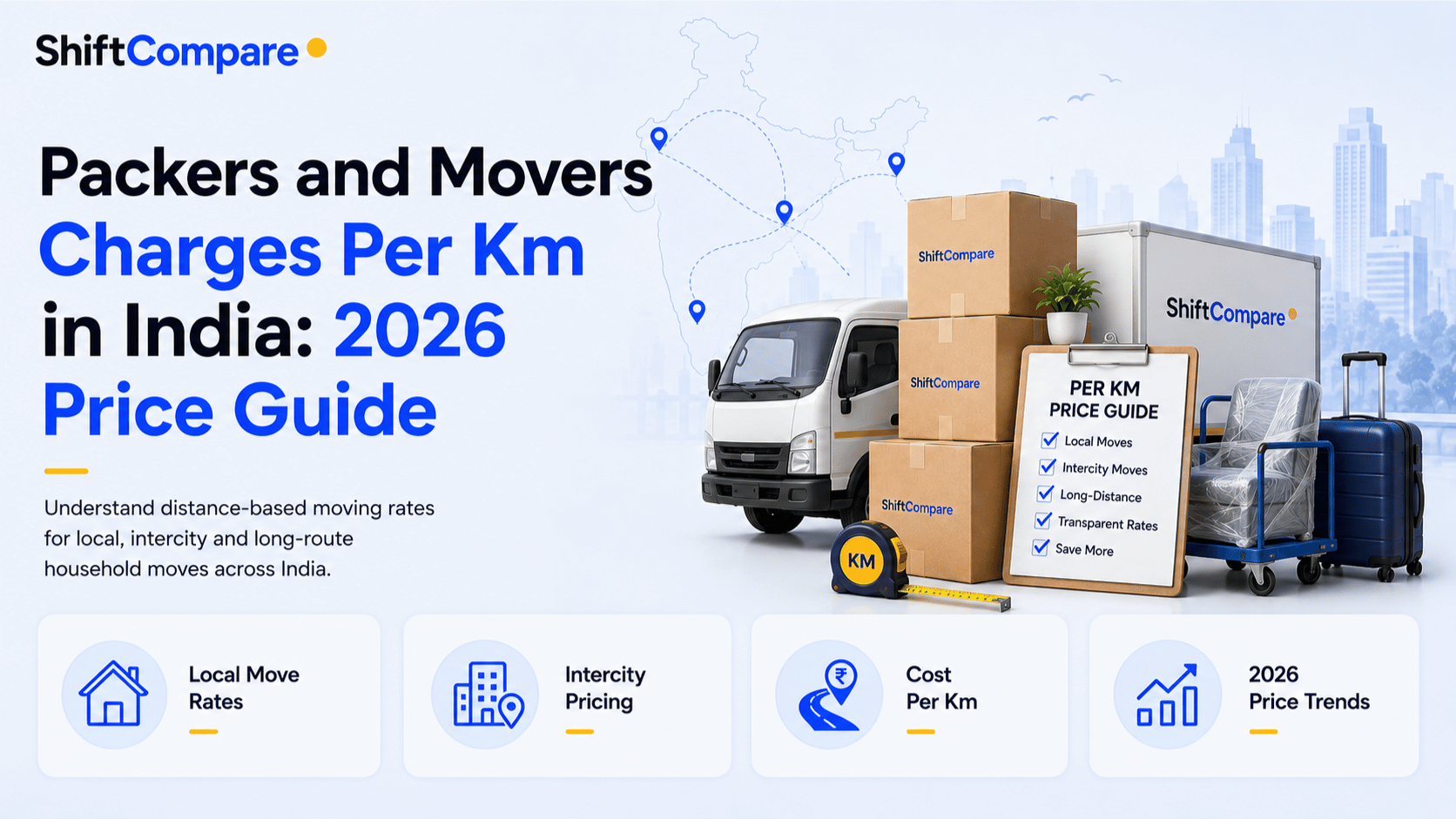 Packers and movers per km charges in India by route and truck type