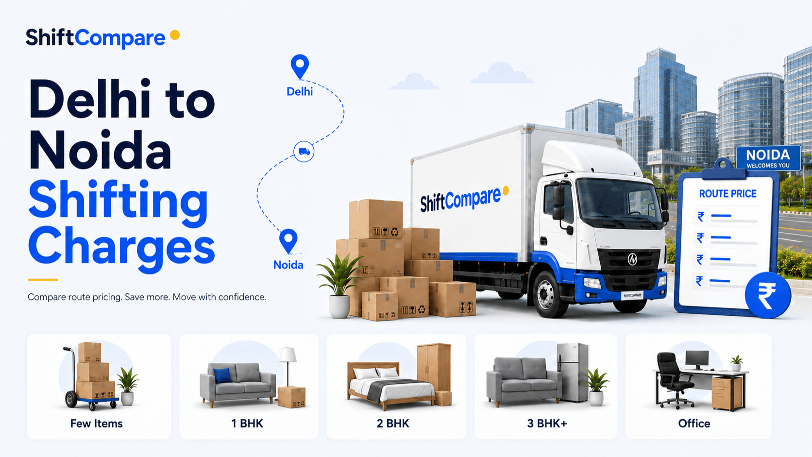Delhi to Noida packers and movers charges by BHK and society lift rules