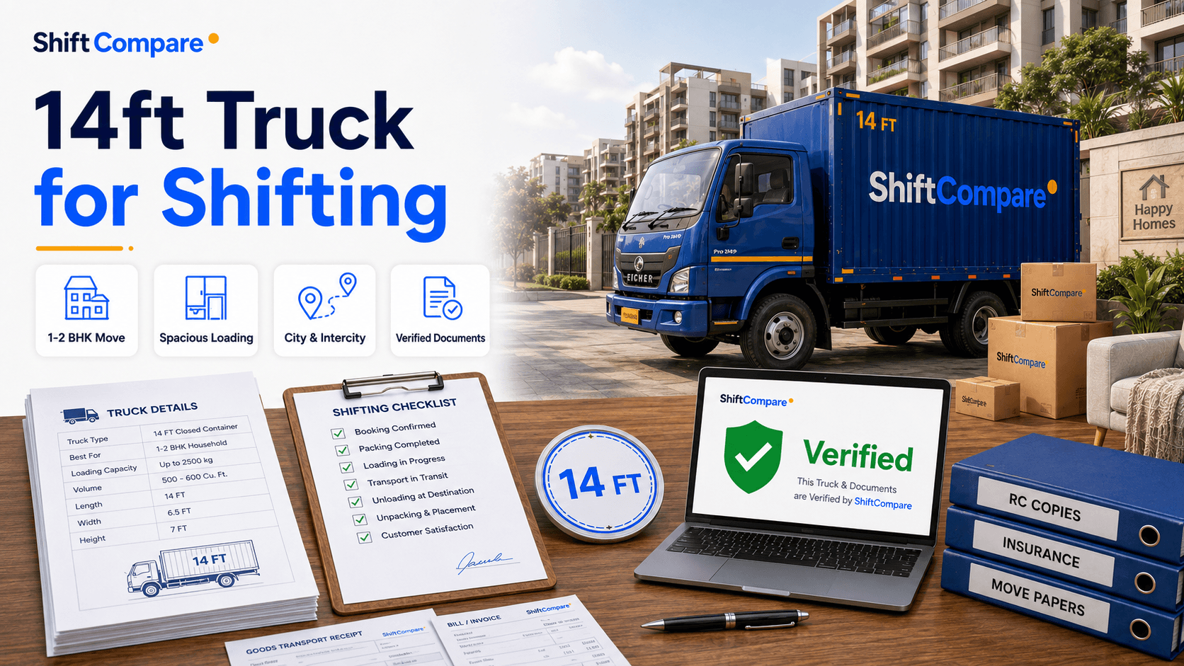 14ft Eicher truck for household shifting by BHK size and goods volume