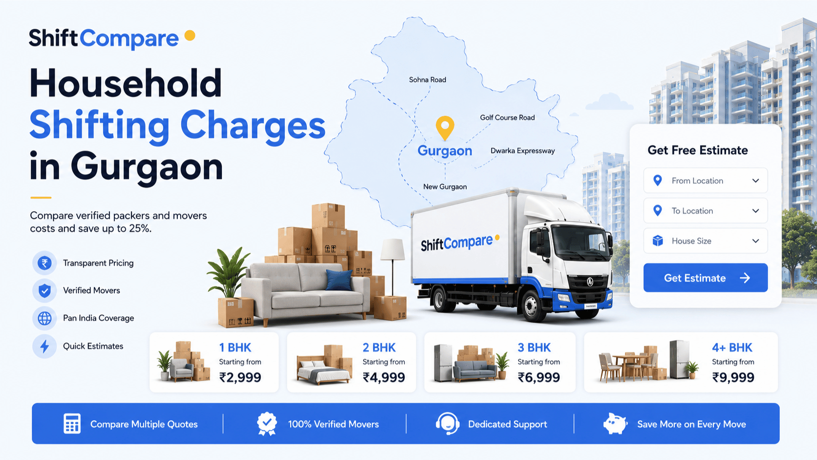 House shifting charges in Gurgaon by BHK, packing and society access