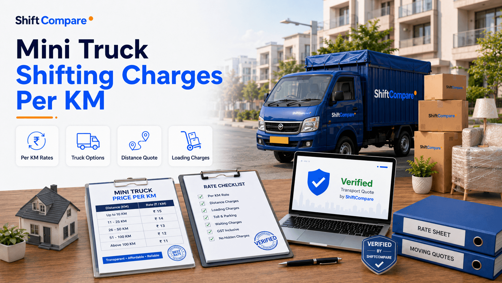Mini truck shifting charges per km by vehicle type, distance and labour scope