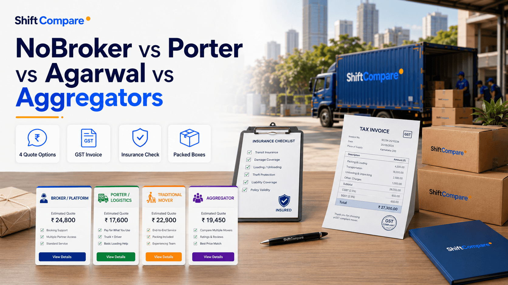 NoBroker, Porter, Agarwal and aggregator moving comparison by quote scope and support path
