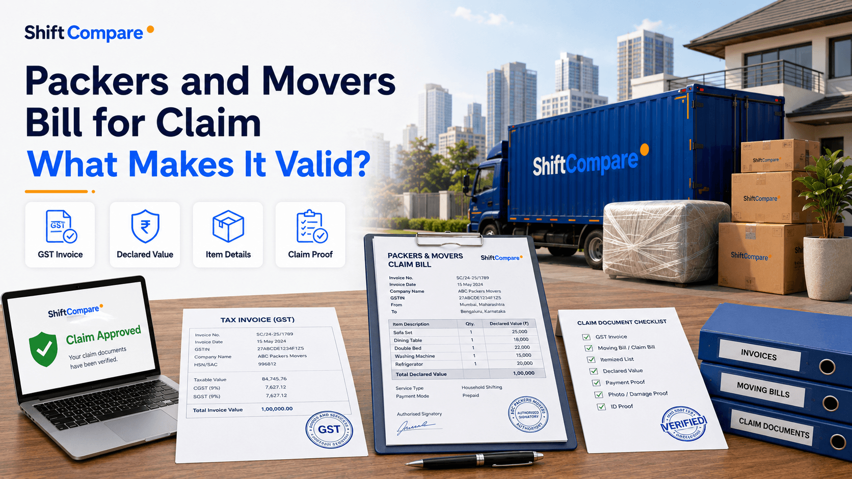 Packers movers bill for claim with invoice, GST, company proof and reimbursement checks