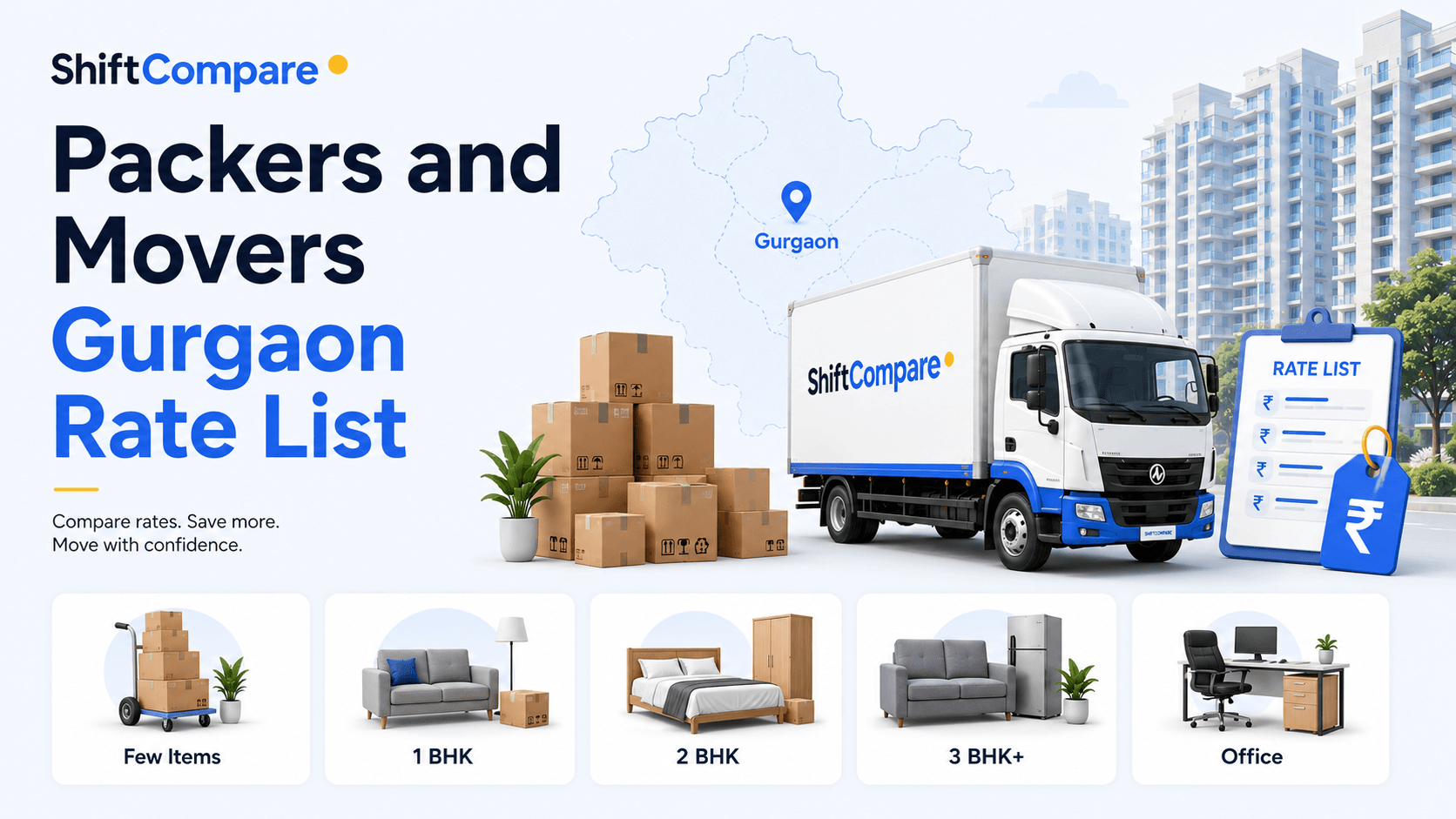 Packers and movers Gurgaon rate list by BHK, service and add-on charges