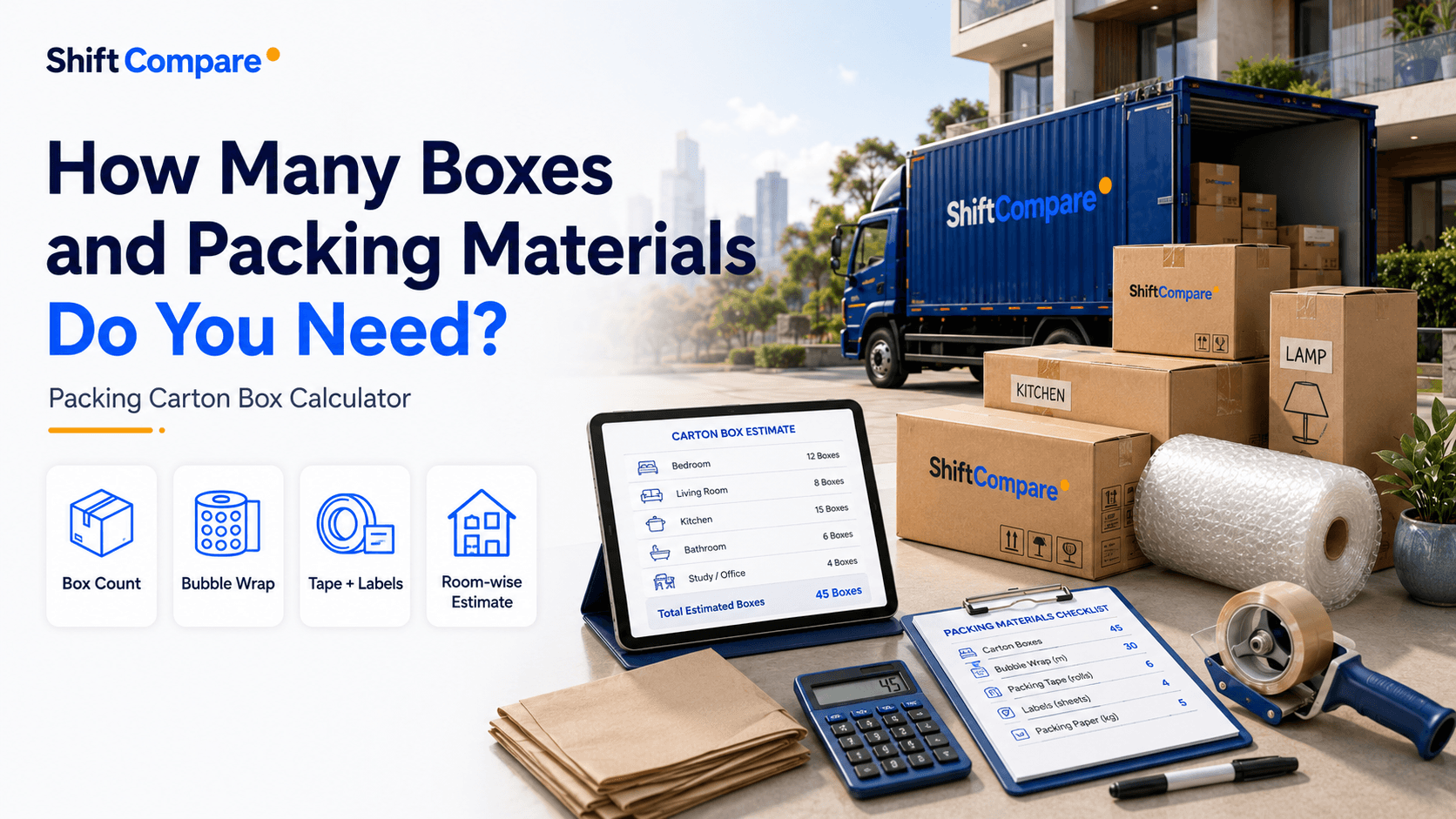 Packing box calculator for shifting cartons by home size and fragile items
