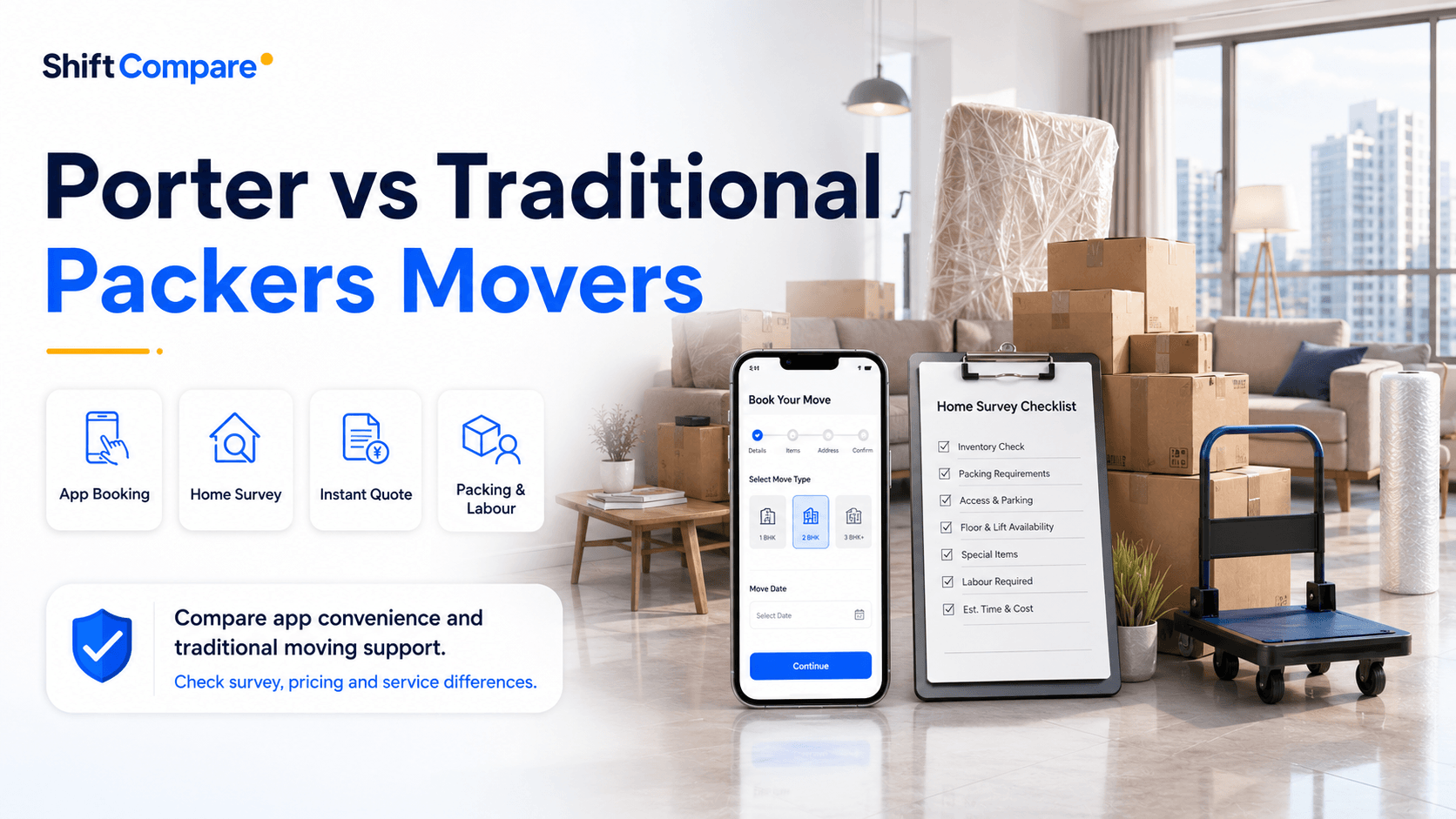 Porter versus traditional packers movers comparison by booking model, scope and support