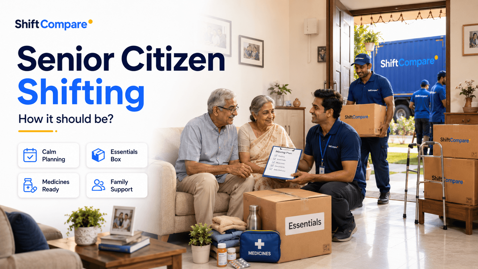 Senior citizen shifting guide with medicine bag, essentials box and calm mover planning