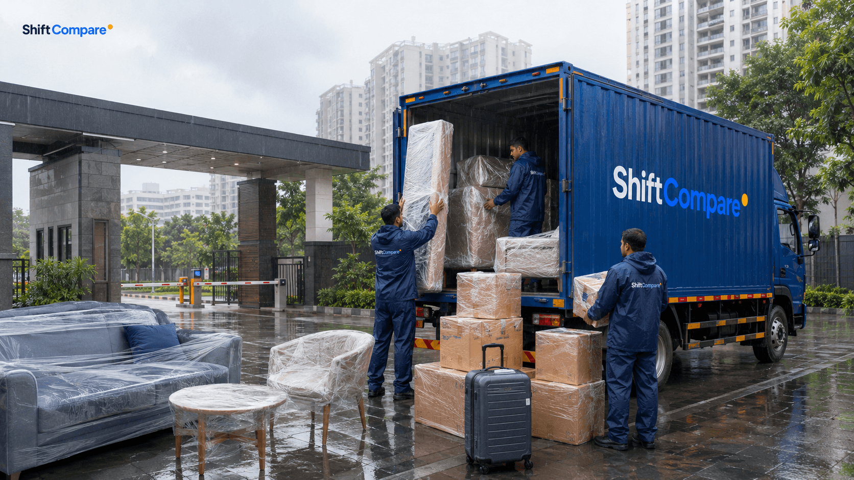 House shifting in monsoon with rain packing, covered truck and wet floor planning