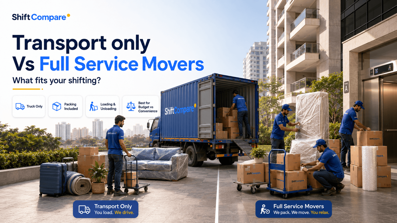 Transport only versus full service movers with packing, labour, truck and risk comparison