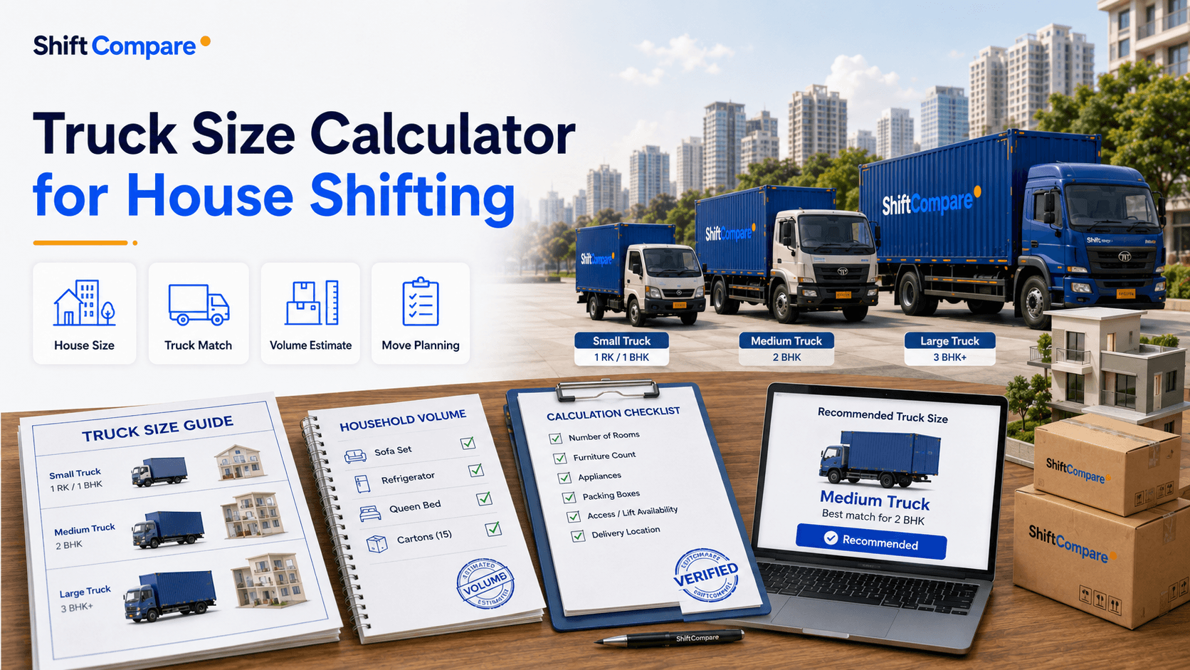 Truck size calculator for house shifting by BHK, cartons and furniture volume