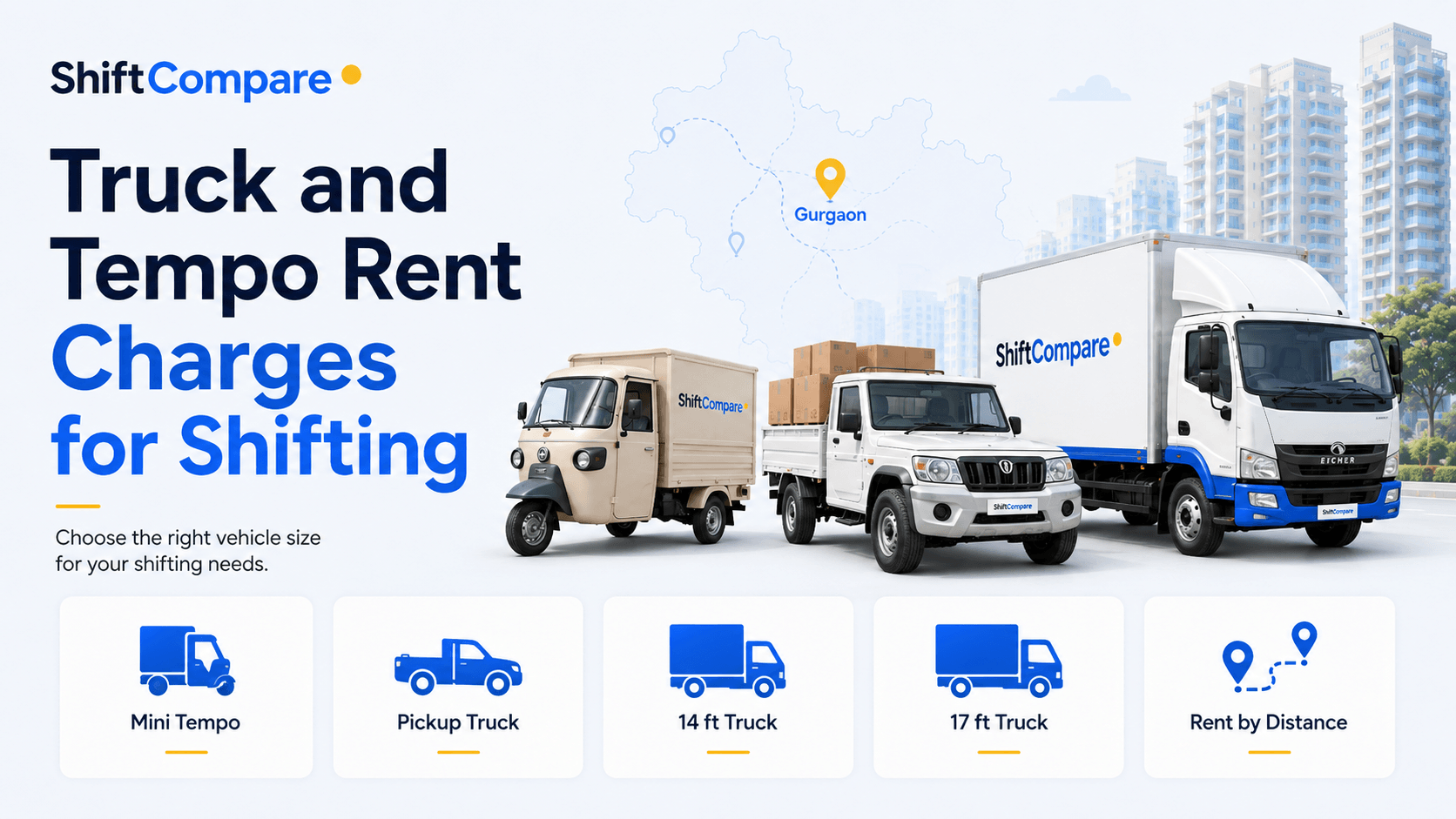 Truck and tempo rent charges for shifting by vehicle size and labour scope