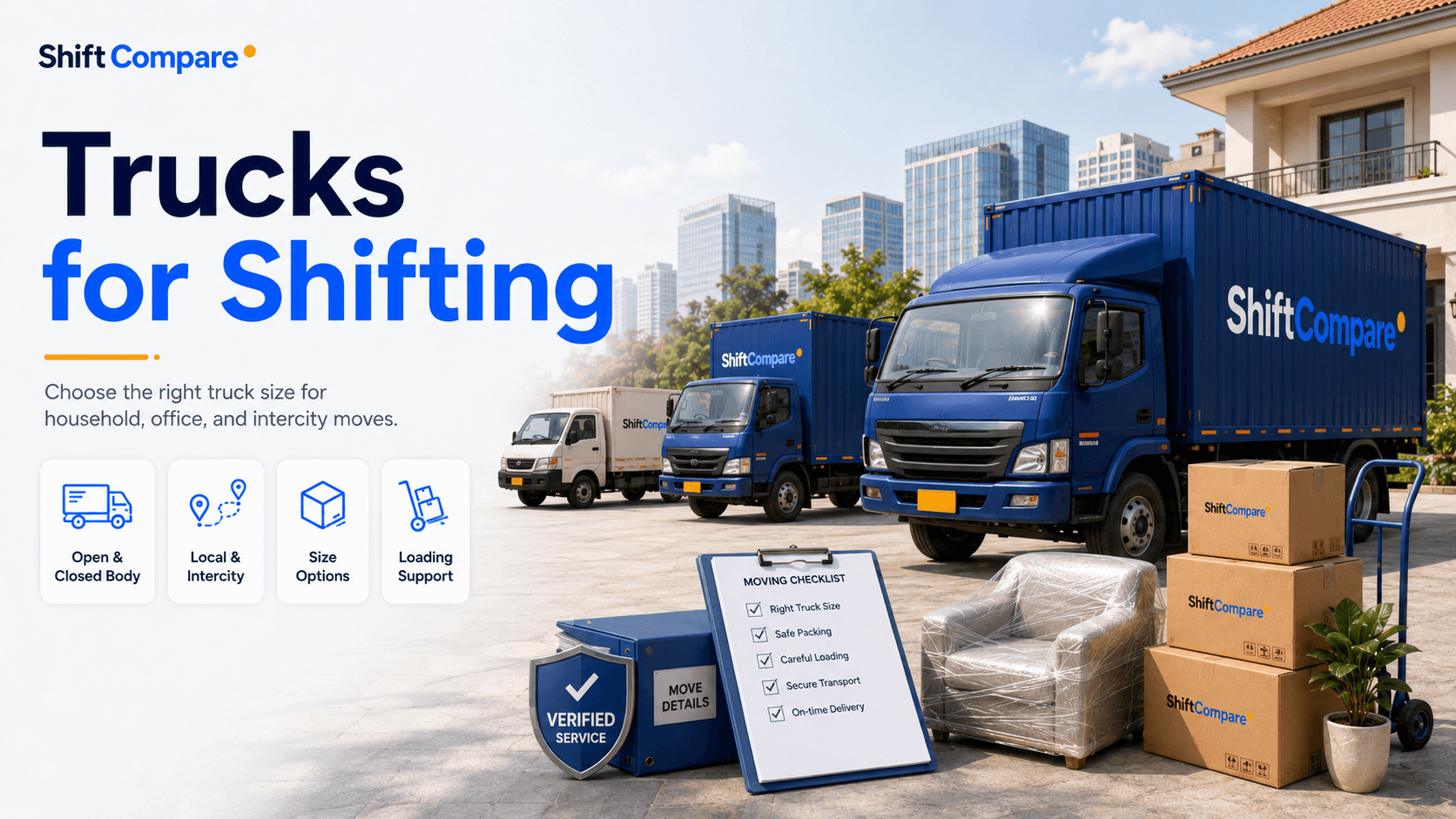 Trucks for shifting by home size, route, packing scope and access limits
